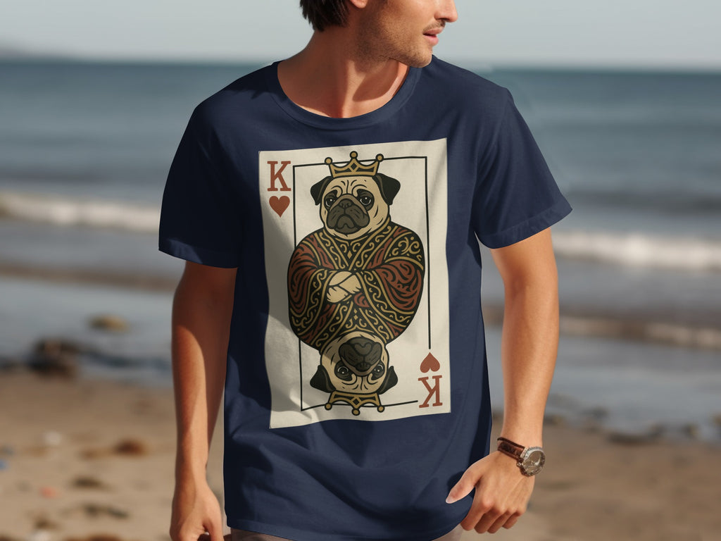 Dark blue t-shirt with a playing card design featuring a crowned pug.