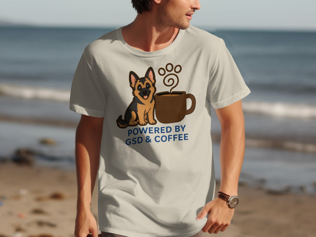 Light beige t-shirt with German Shepherd and coffee cup graphic reading "Powered by GSD & Coffee".