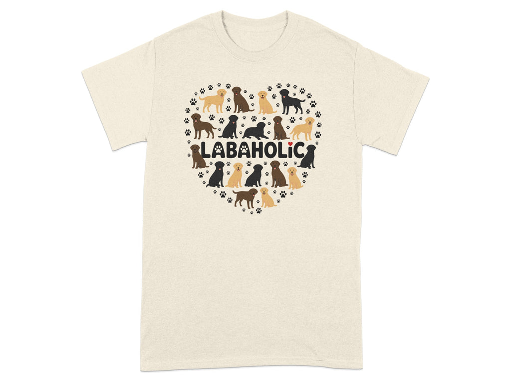 Heart-shaped design of various Labradors and paw prints with "LABAHOLIC" text.