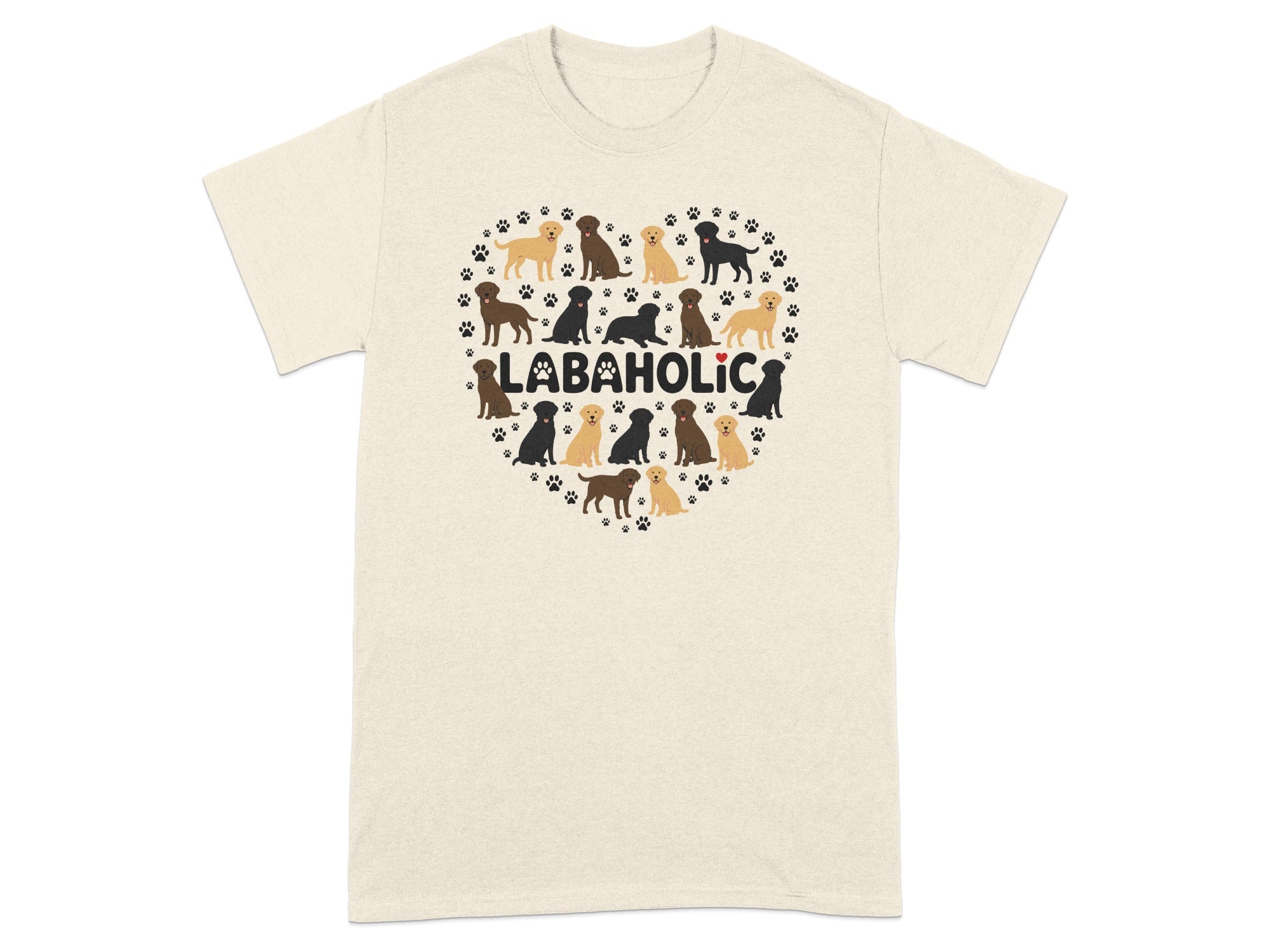 Heart-shaped design of various Labradors and paw prints with "LABAHOLIC" text.
