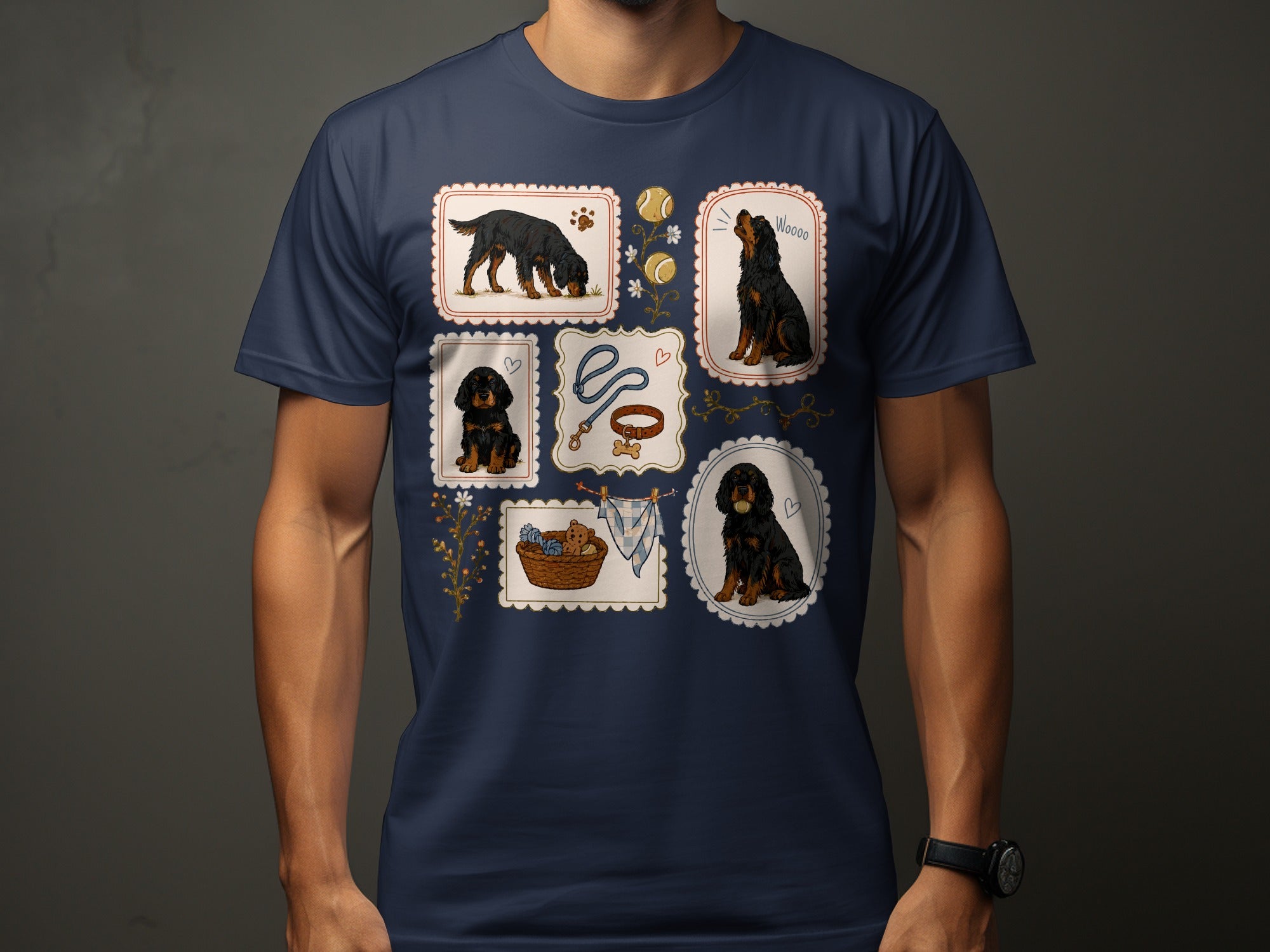 Illustration of dogs and related items in framed vignettes on a navy t-shirt.