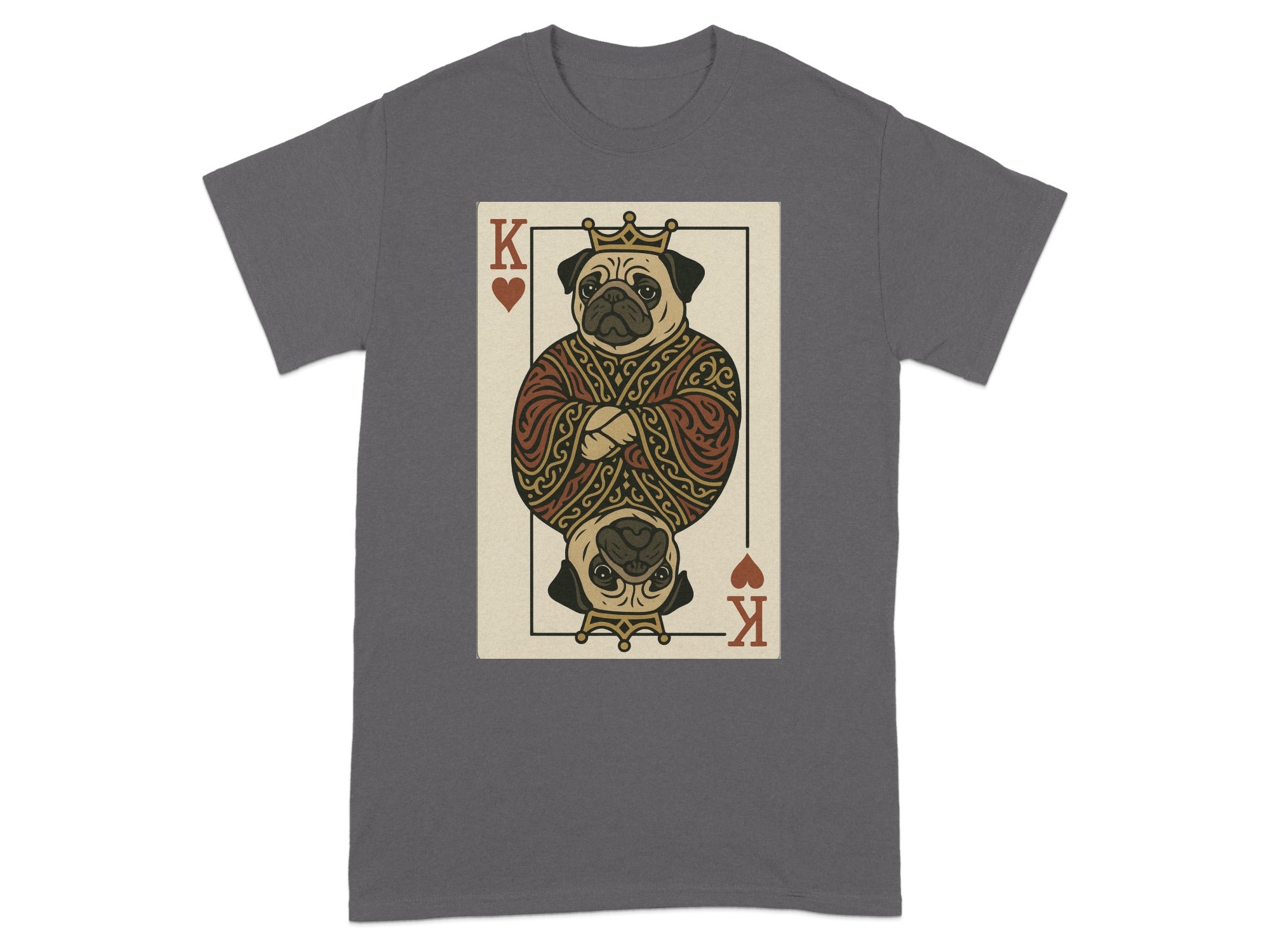 Grey t-shirt with King of Pugs playing card graphic.
