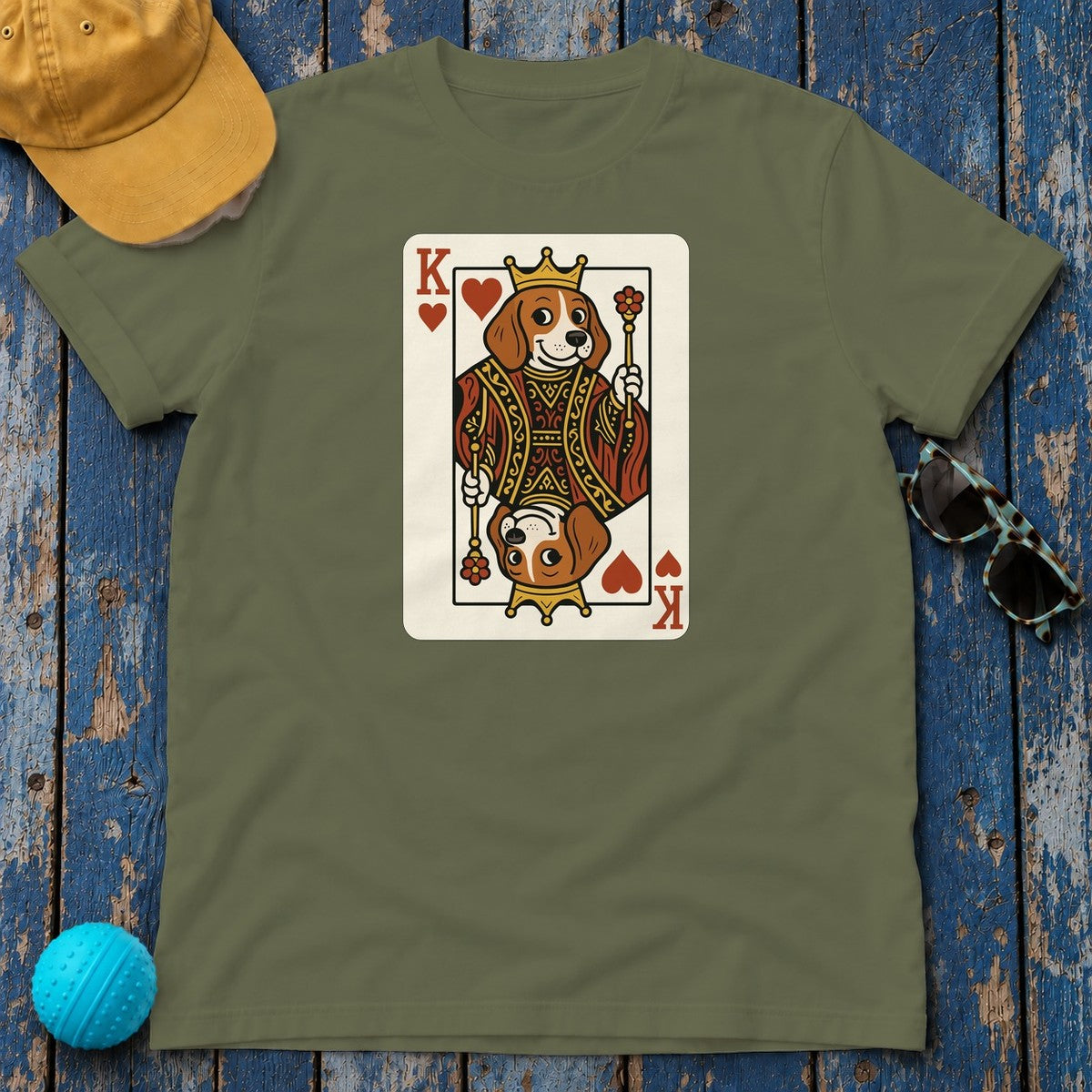 King Of Hearts Cute Beagle Playing Card Funny Deck T-Shirt in Military Green