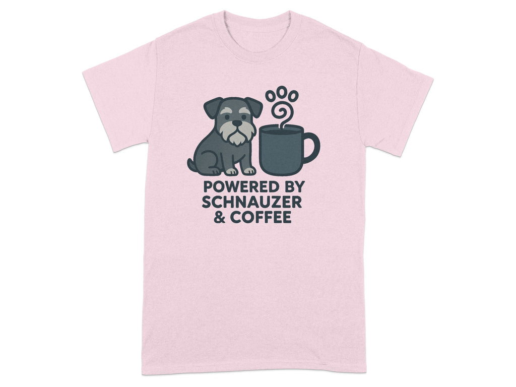 Pink t-shirt with illustration of schnauzer and coffee cup, text "POWERED BY SCHNAUZER & COFFEE".