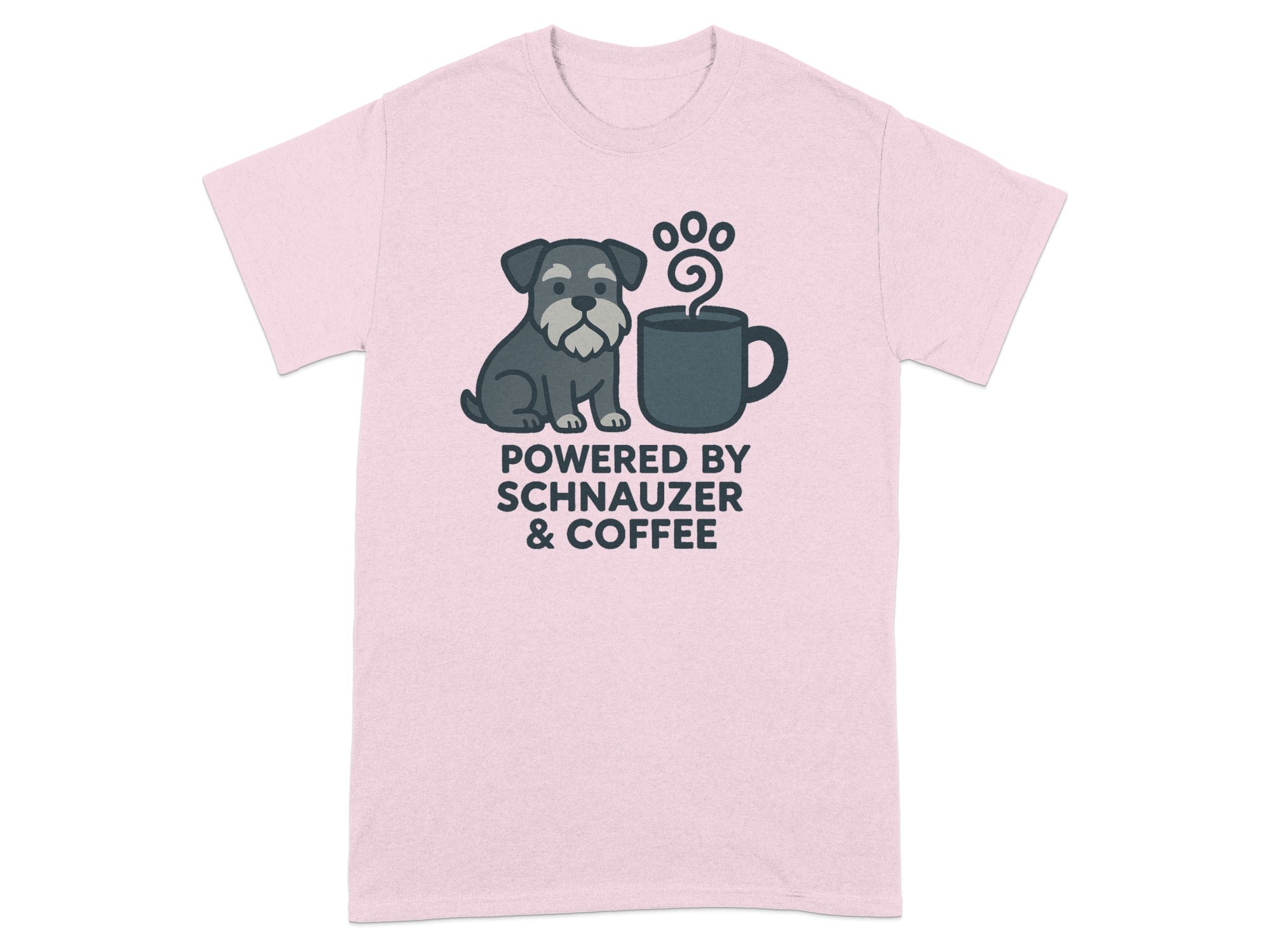 Pink t-shirt with illustration of schnauzer and coffee cup, text "POWERED BY SCHNAUZER & COFFEE".