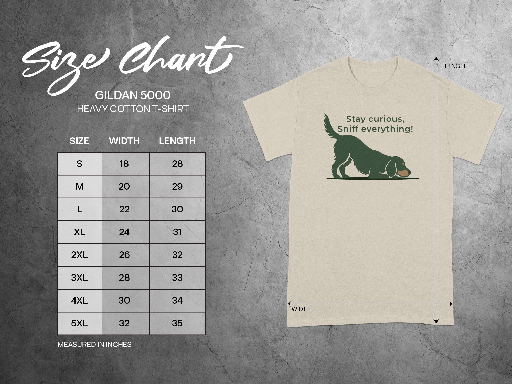Size chart for Gildan 5000 t-shirts with dog graphic and text.