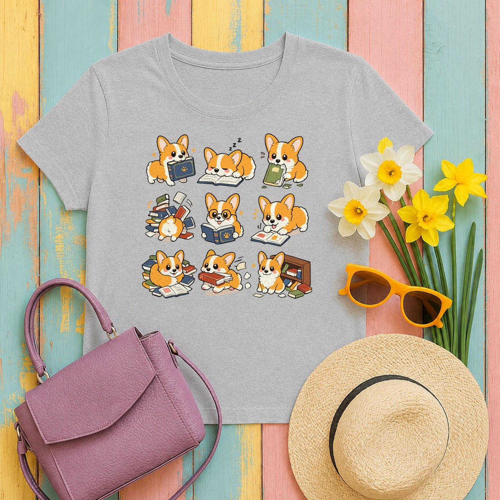 The Bookish Corgi T-shirt in Sport Grey