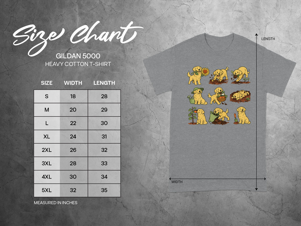 Gildan 5000 Heavy Cotton T-Shirt size chart with width and length measurements in inches.