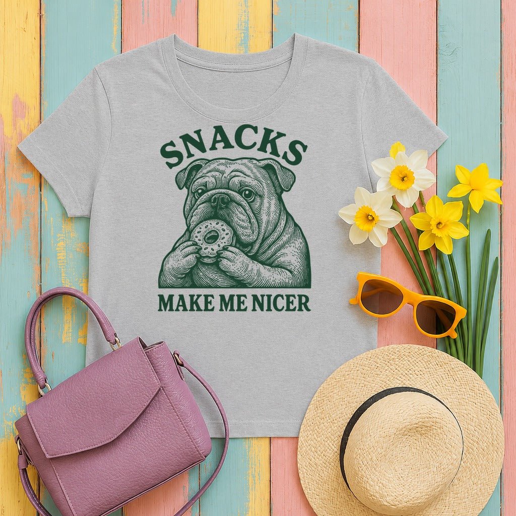 Snacks Make Me Nicer Bulldog with Doughnut Funny T-Shirt in Sport Grey