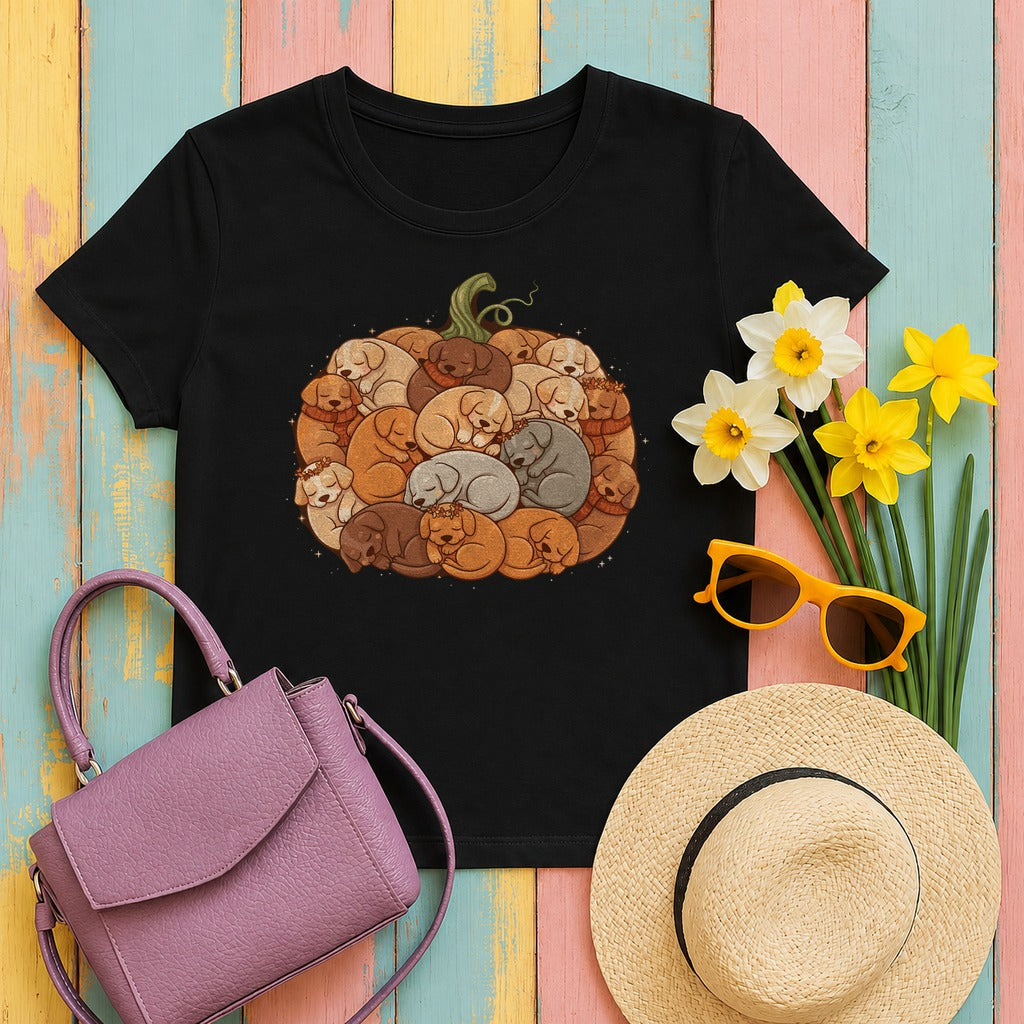 Pumpkin Full of Cute Sleeping Puppies Autumn Vibes T-Shirt in Black