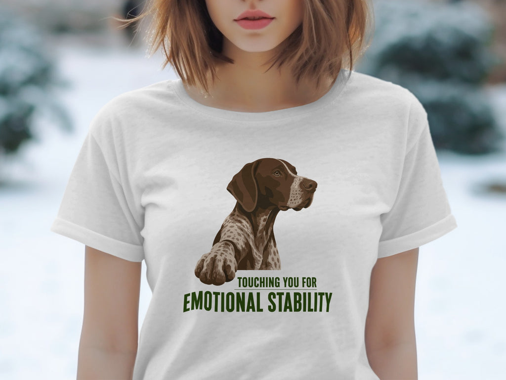 White t-shirt with a dog and "Touching you for emotional stability" text.