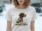 White t-shirt with a dog and "Touching you for emotional stability" text.