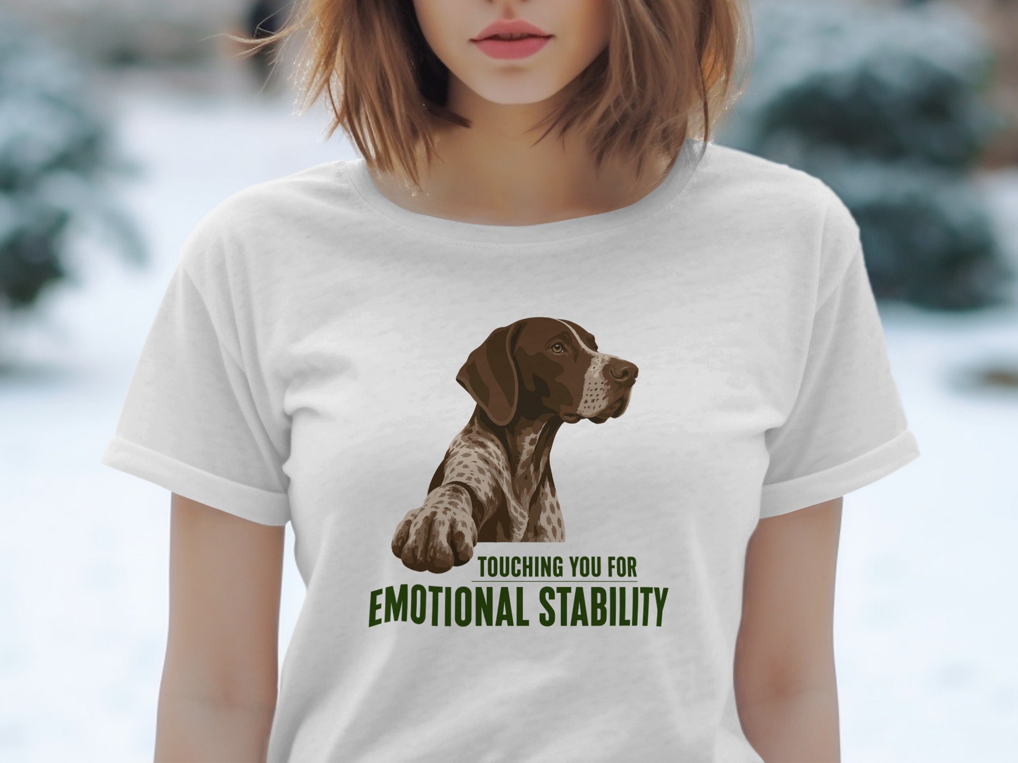 White t-shirt with a dog and "Touching you for emotional stability" text.