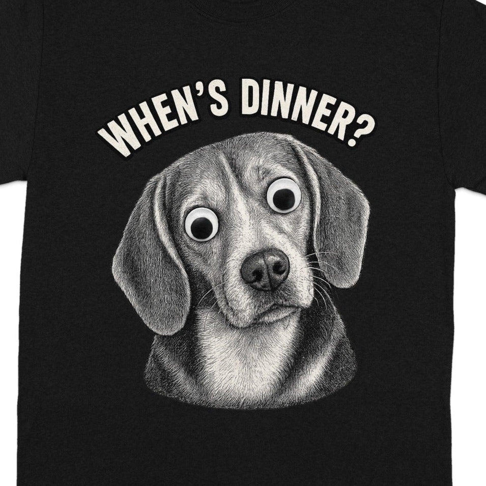 Black t-shirt with a beagle's face and "WHEN'S DINNER?" text.