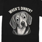 Black t-shirt with a beagle's face and "WHEN'S DINNER?" text.