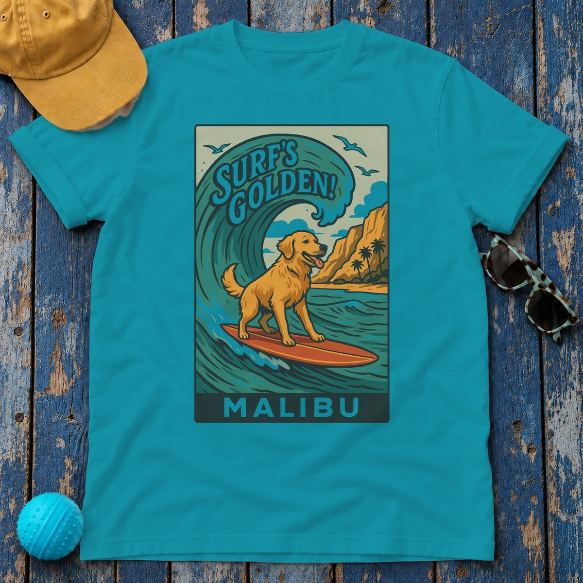 Surf's Golden Malibu Surfing Golden Retriever Dog T-Shirt in Tropical Blue