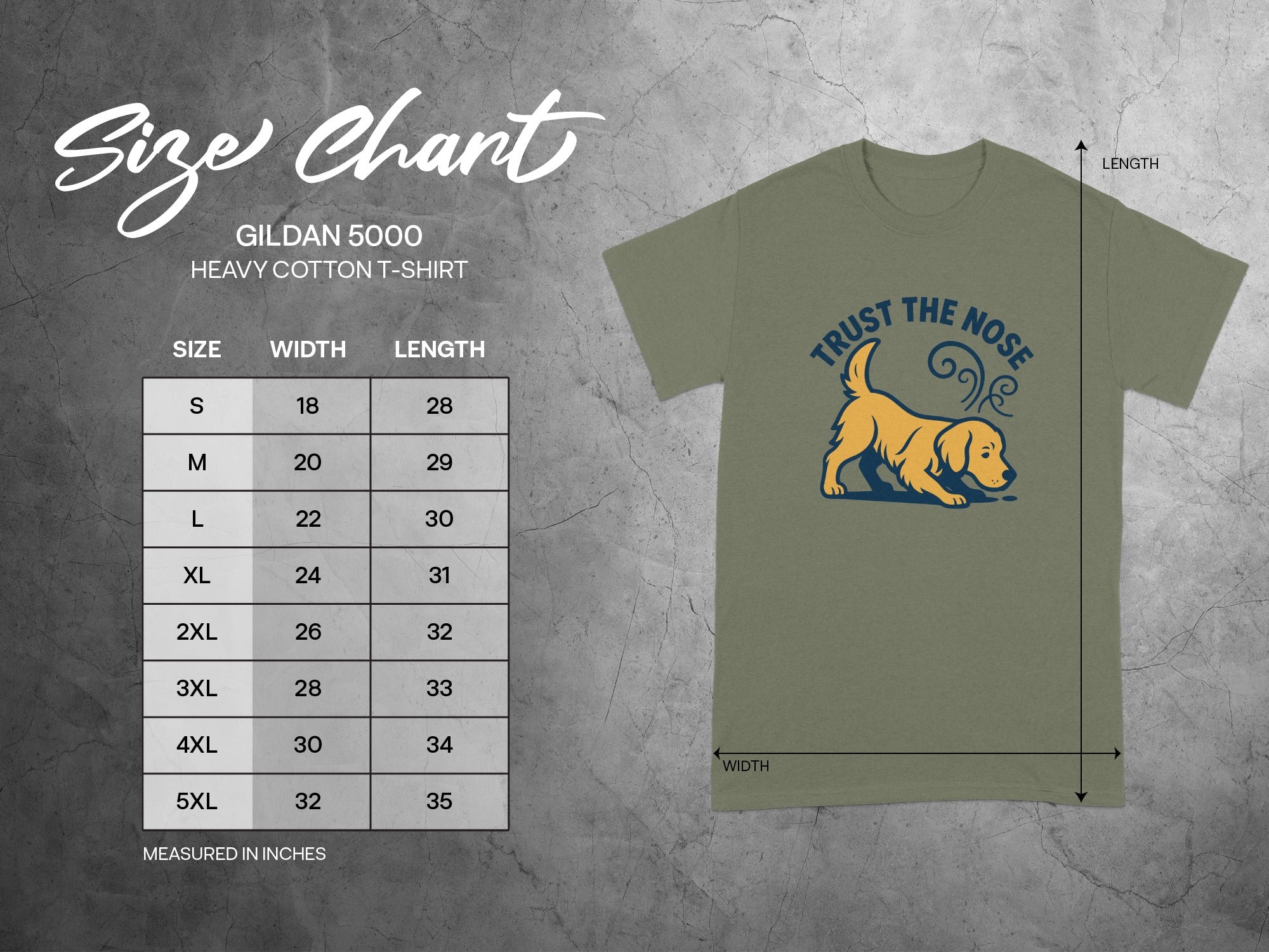 Gildan 5000 t-shirt size chart with measurements in inches.