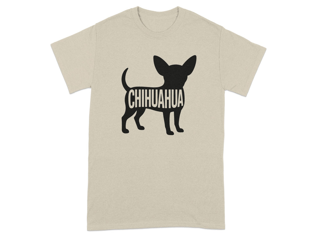 Tan t-shirt with black chihuahua silhouette and text.