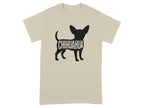 Tan t-shirt with black chihuahua silhouette and text.