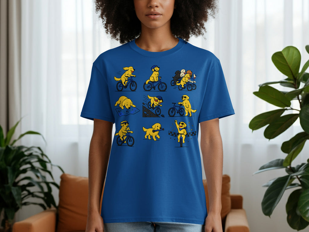 Blue t-shirt with a cartoon grid of golden dogs on bicycles.