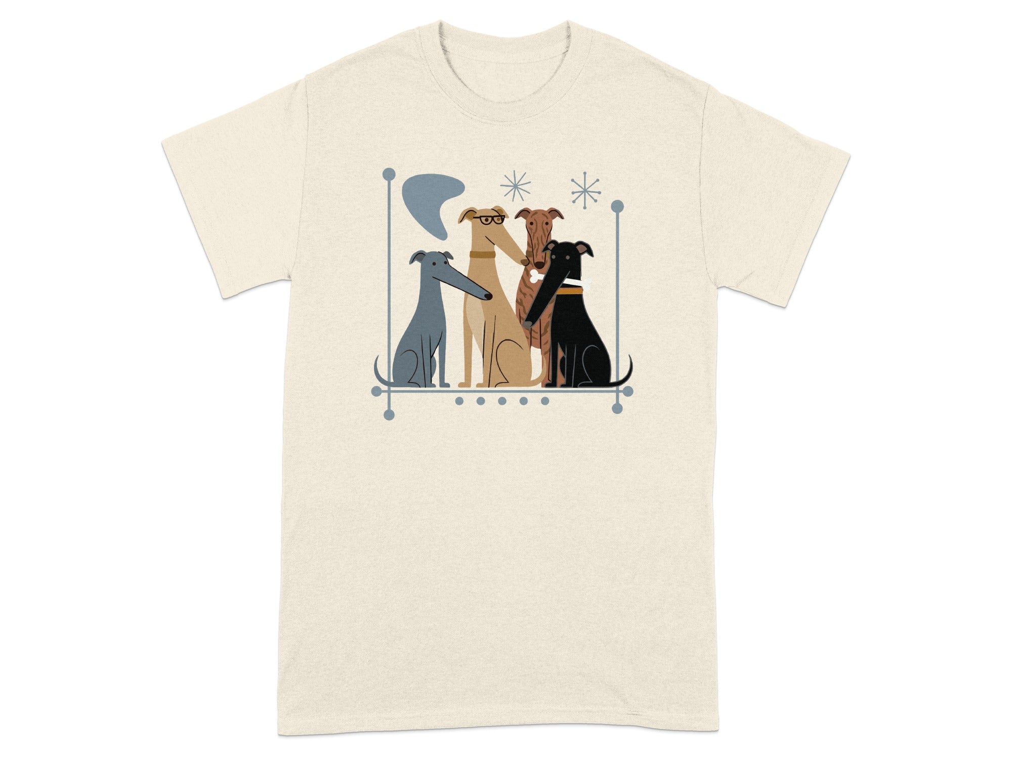Four stylized dogs in retro style sitting together in front of a blue oval.