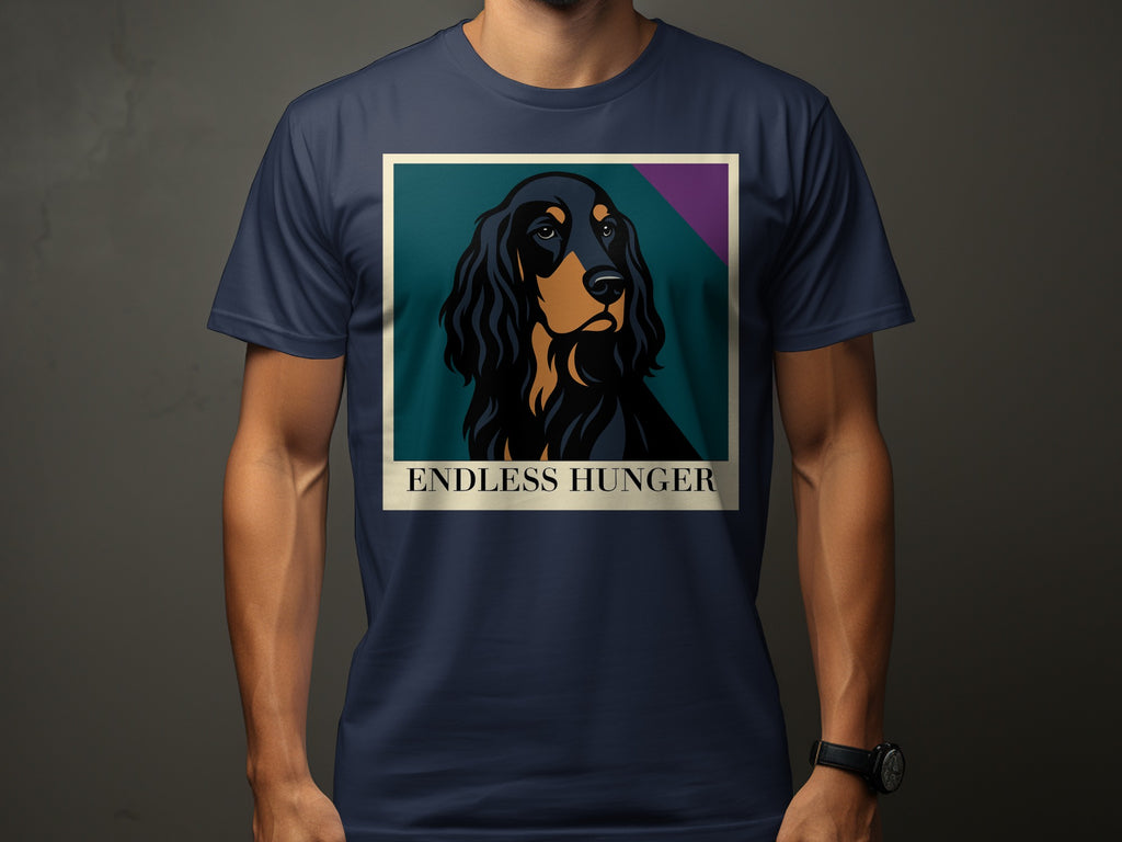 T-shirt with a stylized black and tan dog portrait and the text "ENDLESS HUNGER".