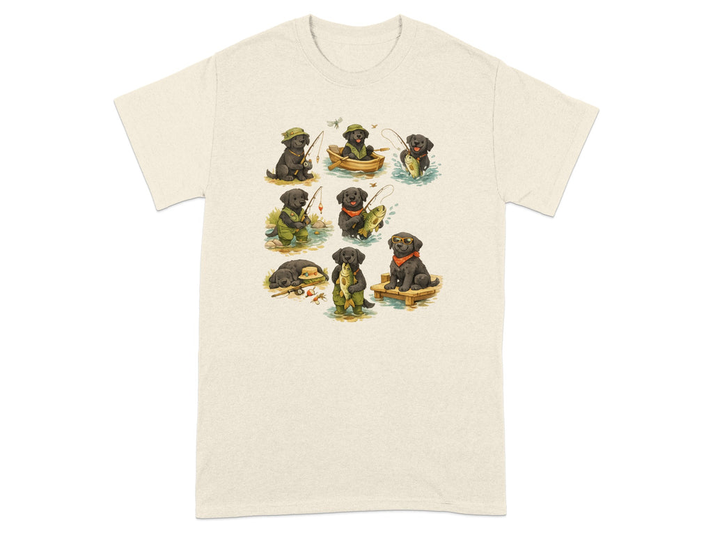 Cream t-shirt with a graphic of black labradors fishing.