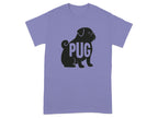 Purple t-shirt with black pug silhouette and the word "PUG".