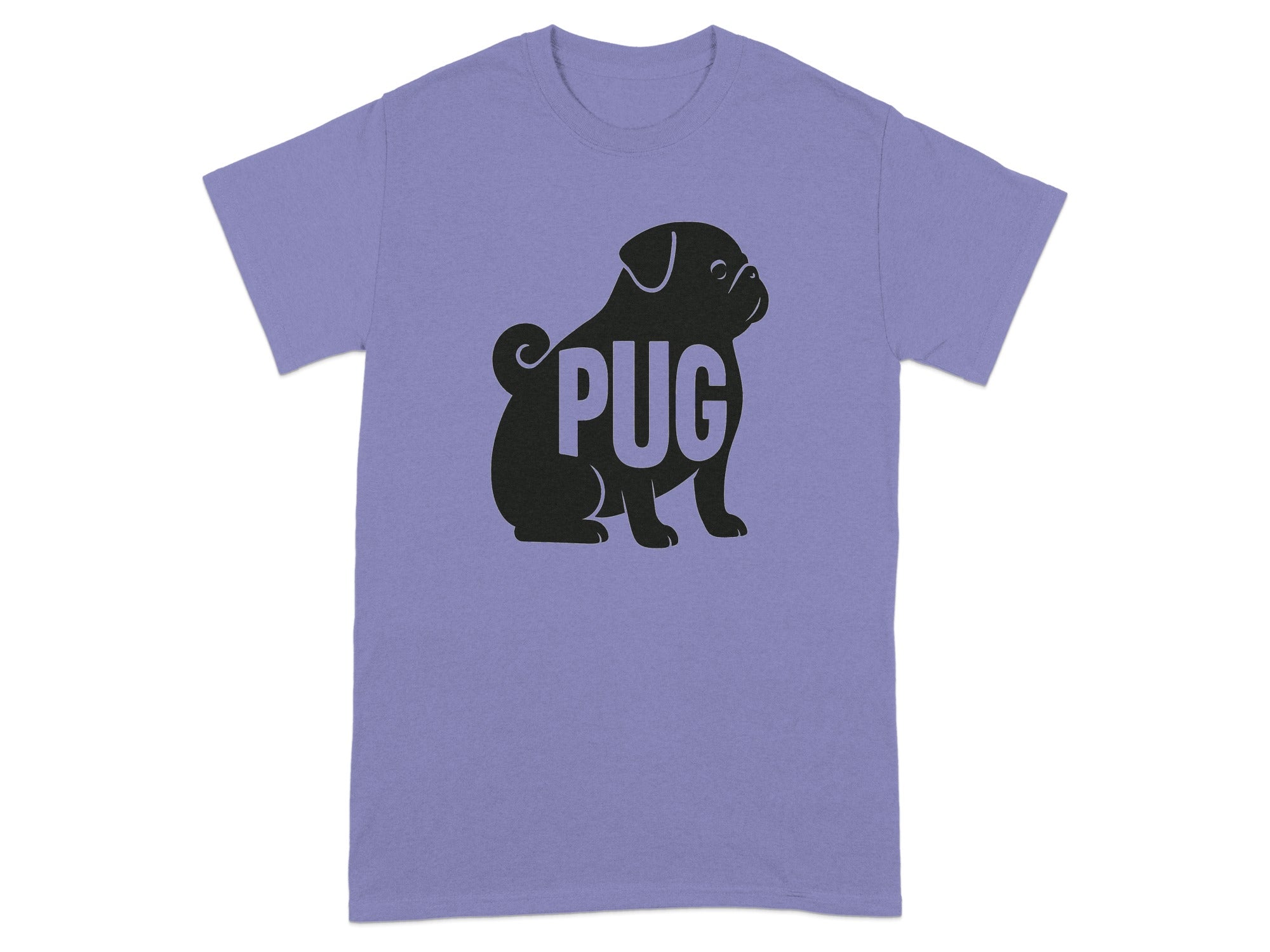 Purple t-shirt with black pug silhouette and the word "PUG".