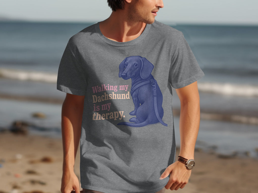 Grey t-shirt with a blue dachshund graphic and text "Walking my Dachshund is my therapy."
