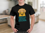 Black t-shirt with Golden Retriever graphic and text "GENTLE. GENIAL. GOLDEN."