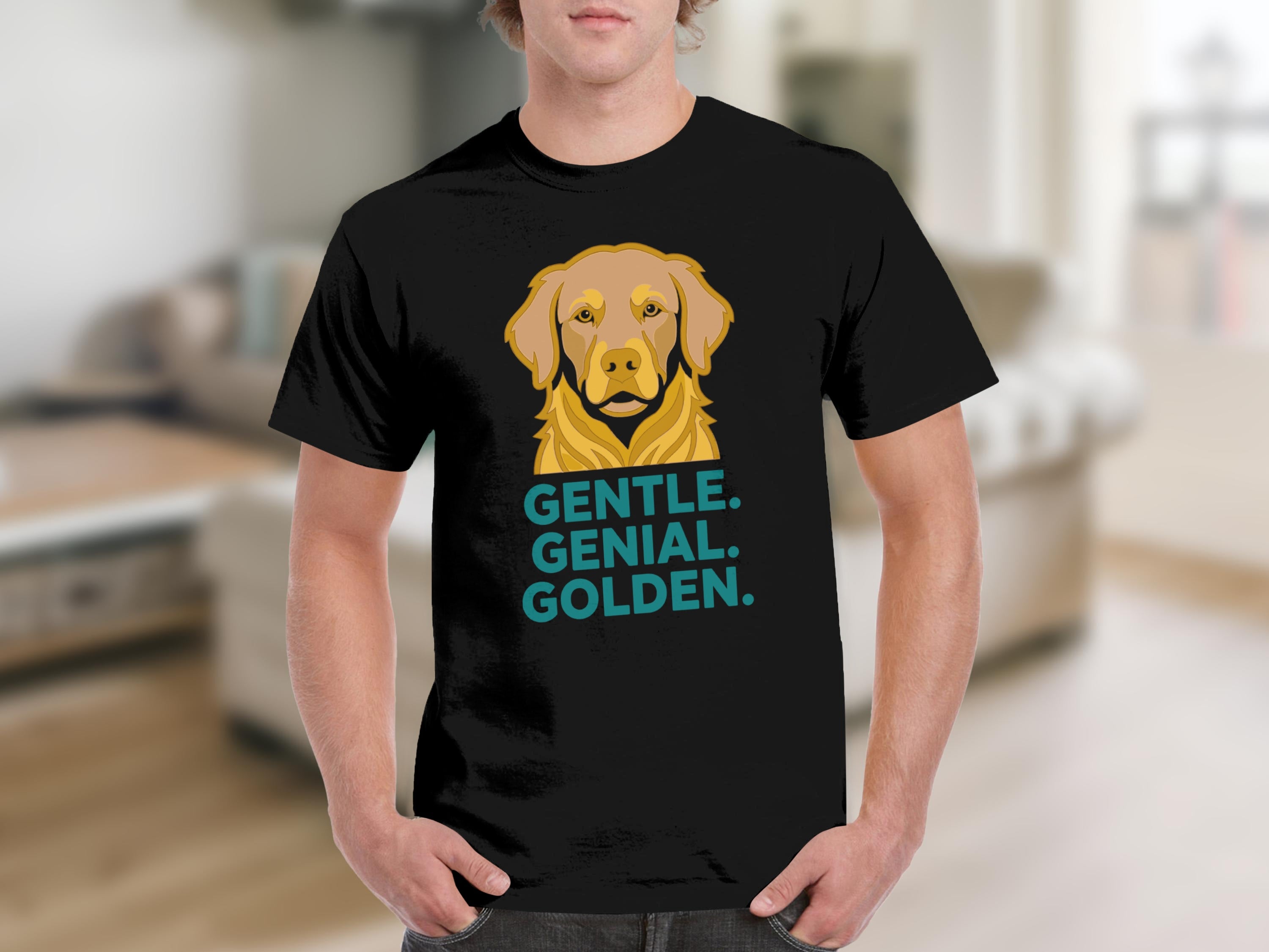 Black t-shirt with Golden Retriever graphic and text "GENTLE. GENIAL. GOLDEN."