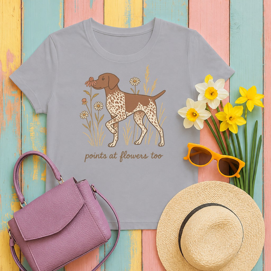 German Shorthaired Pointer Points at Flowers T-shirt in Athletic Heather
