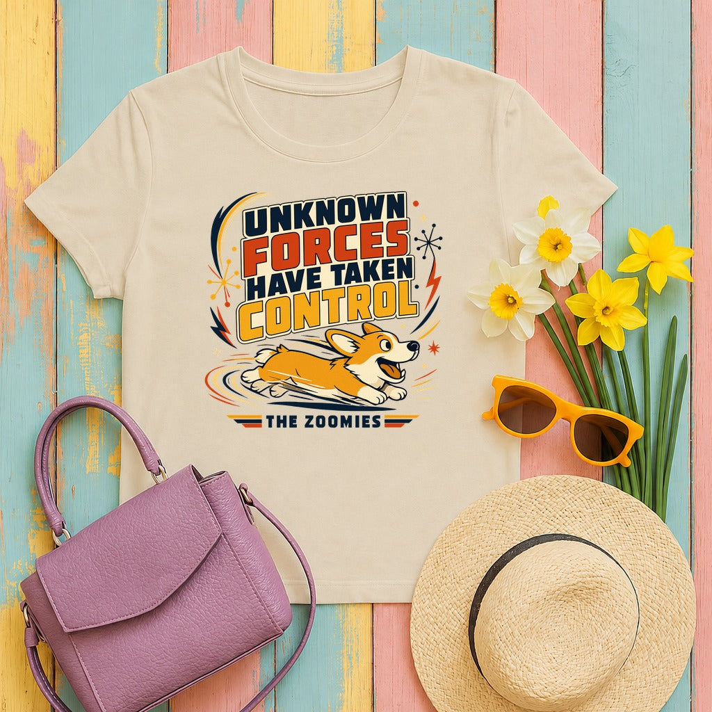The Zoomies Control Corgi Graphic T-shirt in Sand