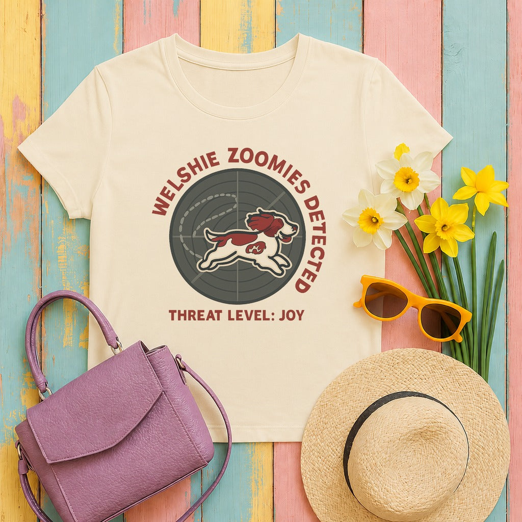 welsh-springer zoomies-flight-radar tee flat lay hero v8