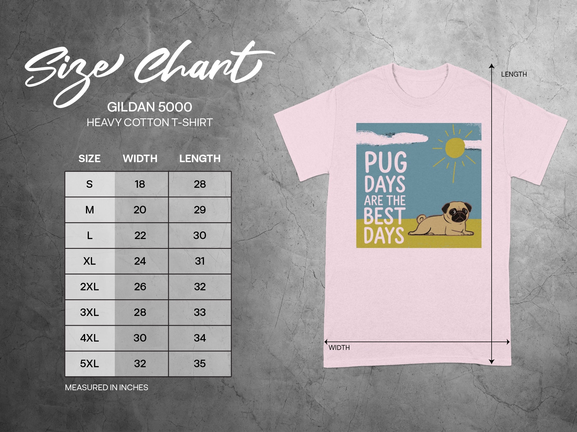 Size chart for Gildan 5000 Heavy Cotton T-Shirt with pug graphic.