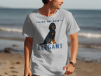 Man wearing t-shirt with a dog and "Velcro, but make it elegant" text.