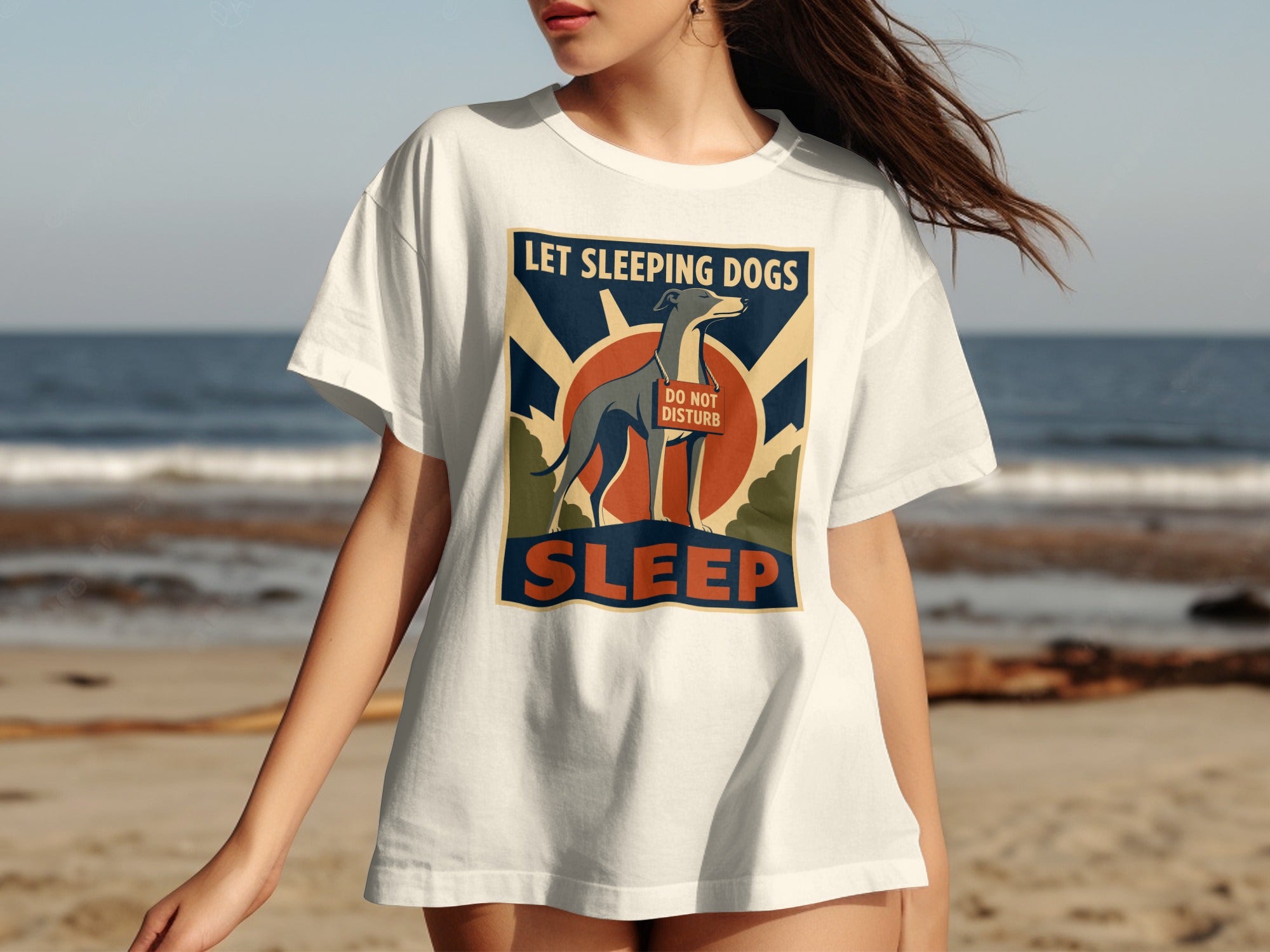 White t-shirt with "LET SLEEPING DOGS SLEEP DO NOT DISTURB" text and dog graphic.