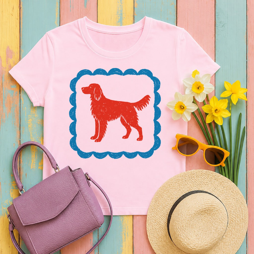A Red Gordon Setter in Blue Frame Graphic T-Shirt in Light Pink