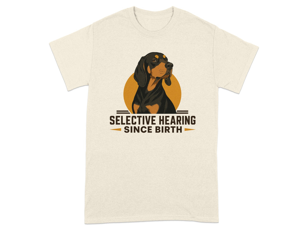Cream t-shirt with dog illustration and "SELECTIVE HEARING SINCE BIRTH" text.