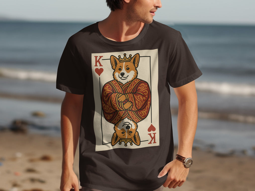 King of Hearts corgi on a playing card graphic t-shirt with beach background