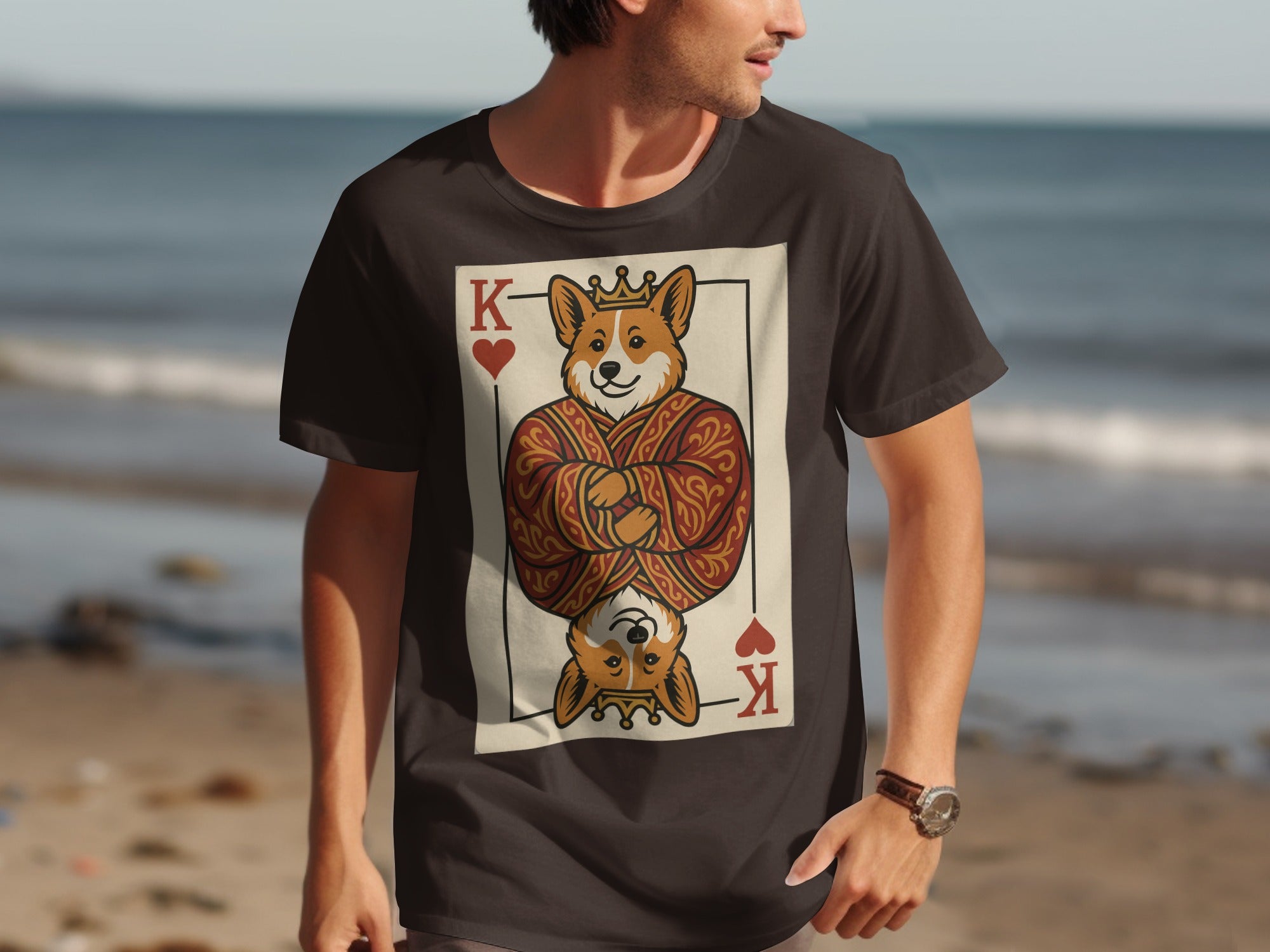 King of Hearts corgi on a playing card graphic t-shirt with beach background
