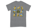 Nine illustrated golden retrievers engage in various outdoor activities and hobbies on a grey t-shirt.
