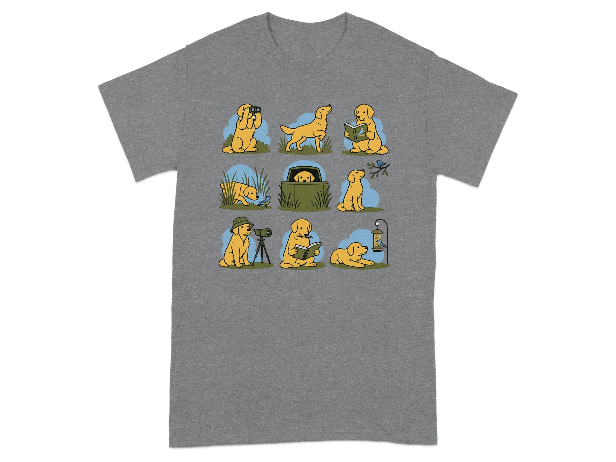 Nine illustrated golden retrievers engage in various outdoor activities and hobbies on a grey t-shirt.