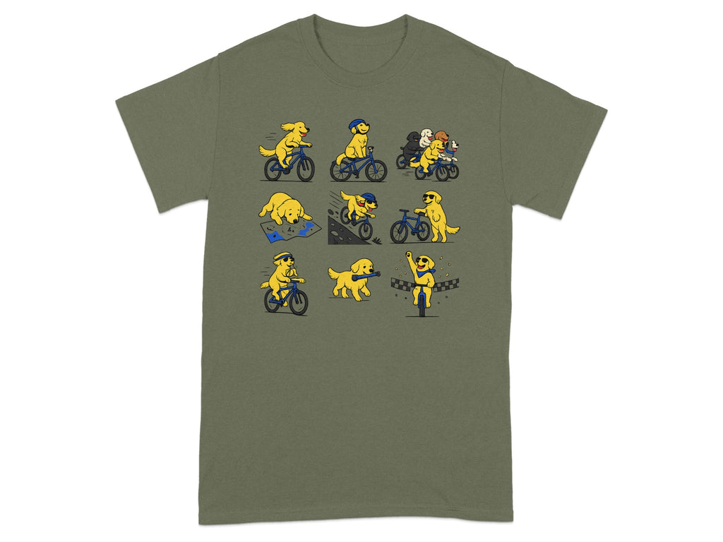 Cartoon dogs ride bicycles in various scenes, from racing to reading a map.