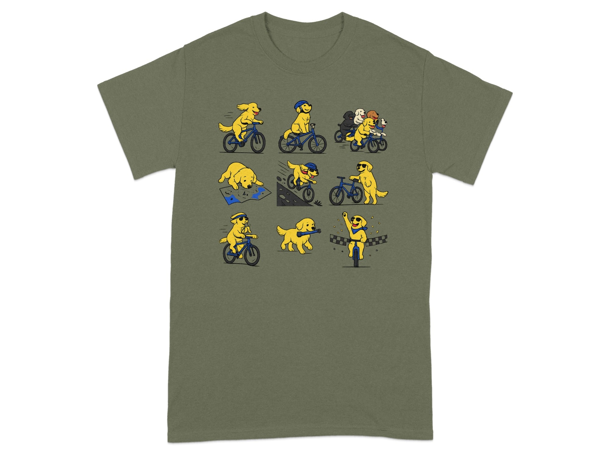 Cartoon dogs ride bicycles in various scenes, from racing to reading a map.
