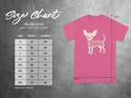 Gildan 5000 Heavy Cotton T-Shirt size chart with measurements in inches. The shirt features a chihuahua graphic.