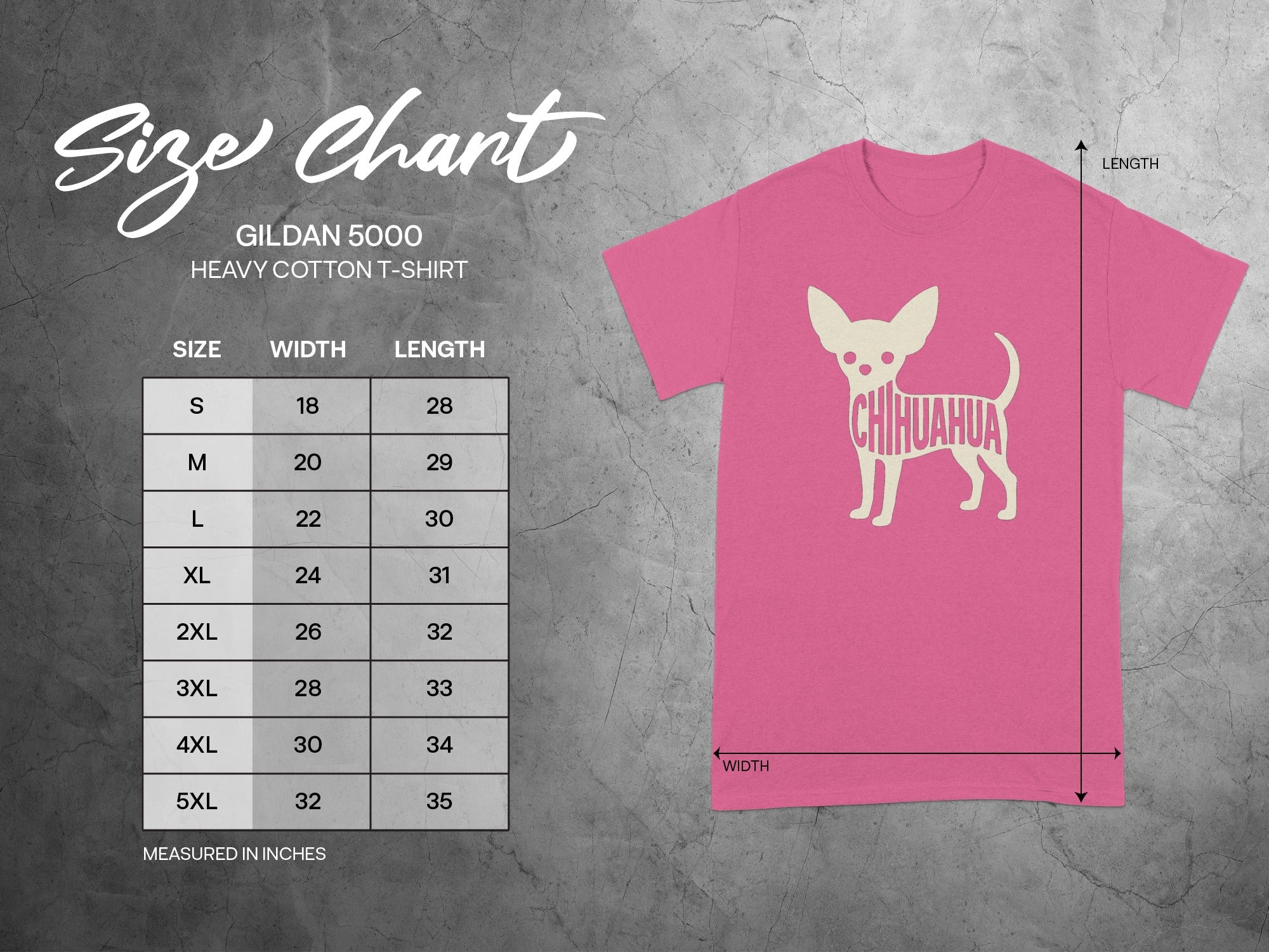 Gildan 5000 Heavy Cotton T-Shirt size chart with measurements in inches. The shirt features a chihuahua graphic.
