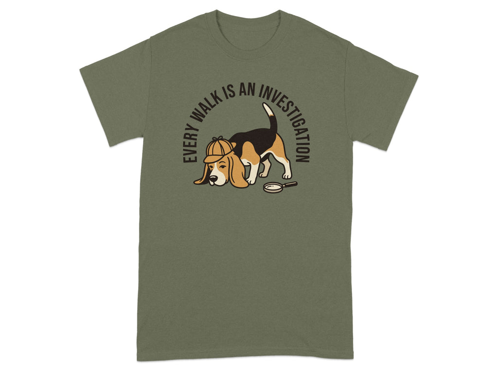 T-shirt with beagle detective wearing hat and magnifying glass.