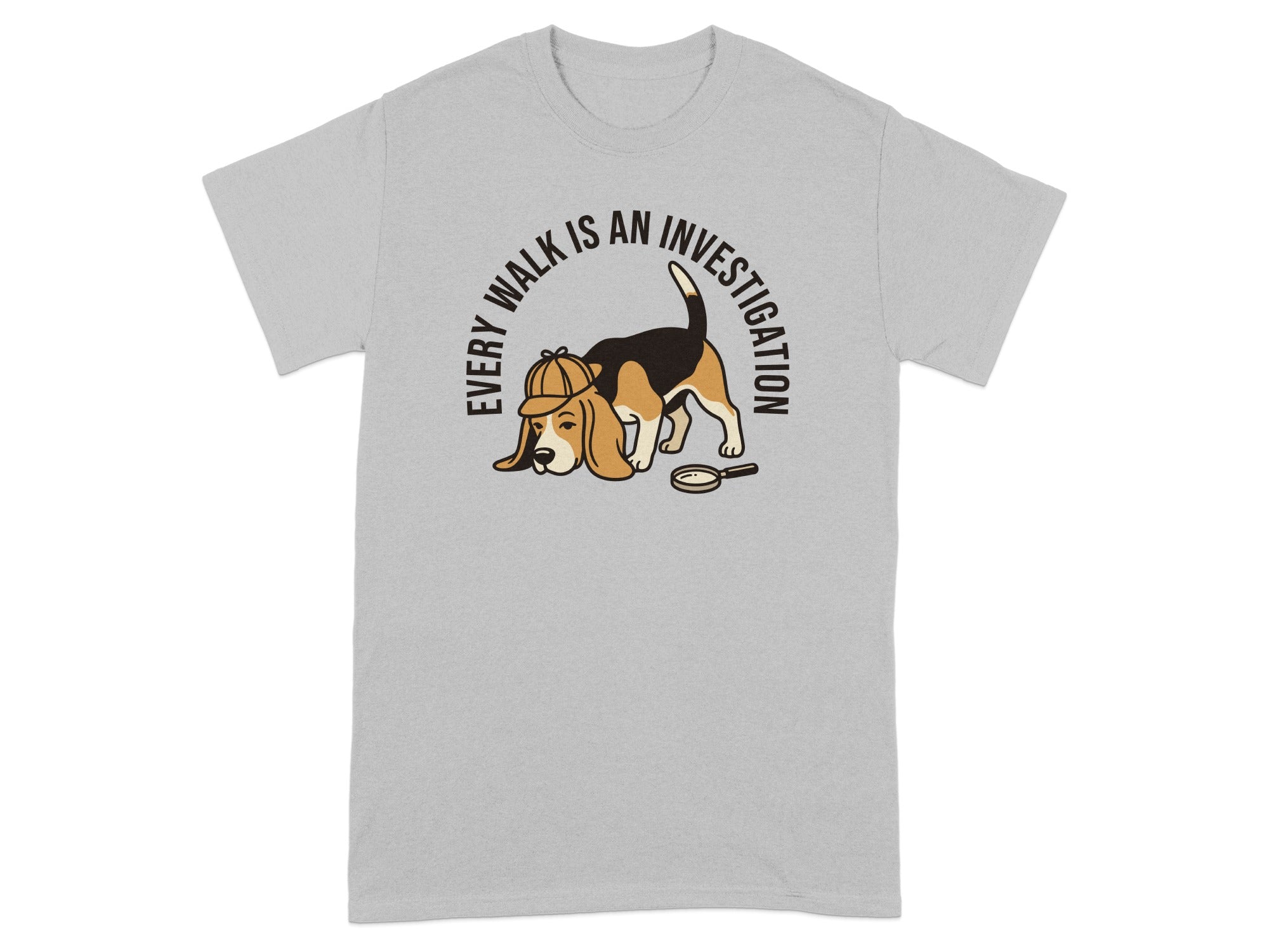 Beagle wearing a detective hat lying down, with text "Every walk is an investigation".